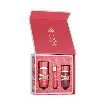 Подаръчен комплект Lattafa Yara Candy – 100 ml EDP + 12 ml EDP + 50 ml спрей за коса