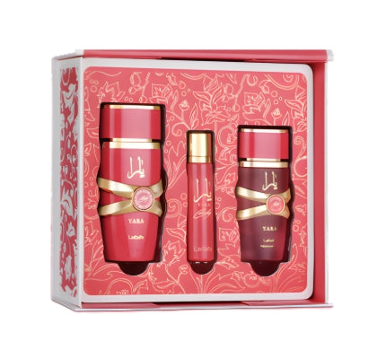 Подаръчен комплект Lattafa Yara Candy – 100 ml EDP + 12 ml EDP + 50 ml спрей за коса